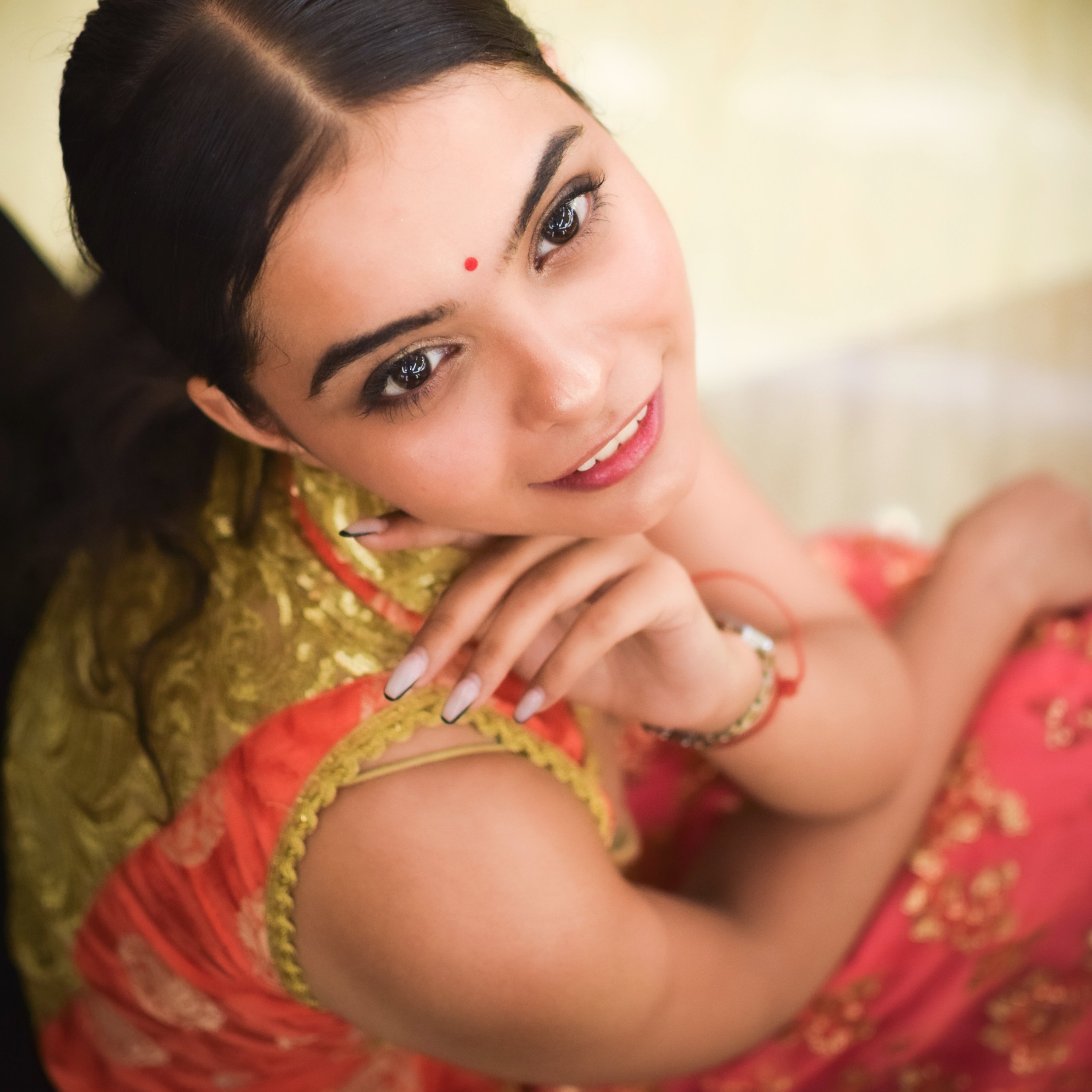 Shuchi ramp walk purple lehenga side pose